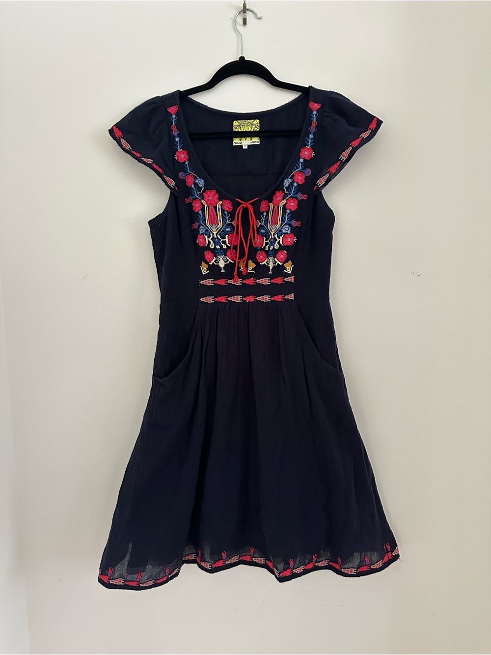 Navy Embroidered Boho Dress lined with subtle crinoline underskirt